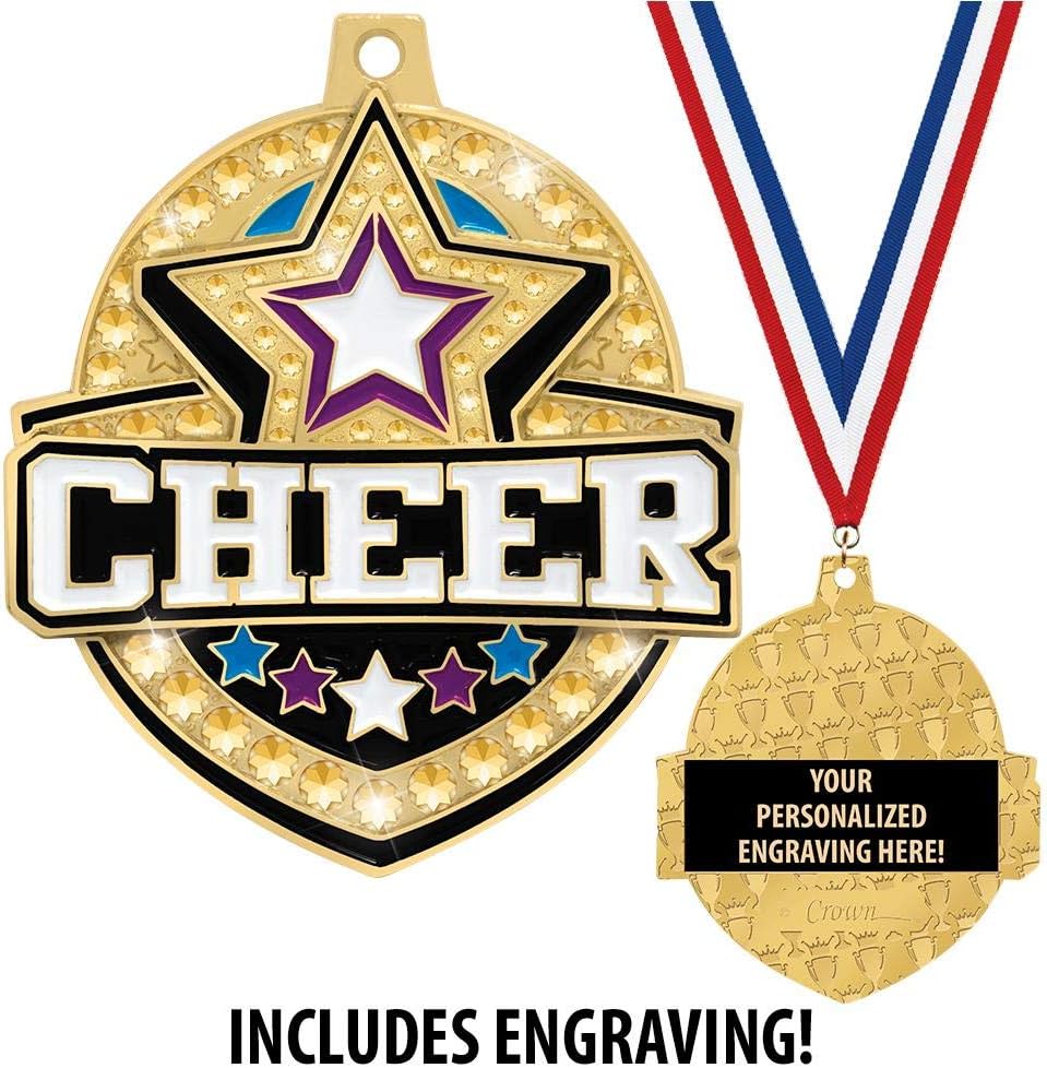Crown Awards 2 1/4' Royal Cheer Medals, Shiny Gold Cheer Medals with Free Engraving