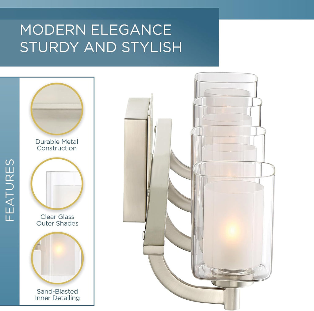 Quoizel Kolt Modern Vanity Lights, 4-Light, 29 Inch Brushed Nickel Bathroom Lighting Fixtures Over Mirror, Sandblasted Inner Glass, 50 W LED Bulb, Wall Mount Light for Bathrooms, Kitchen or Hallway