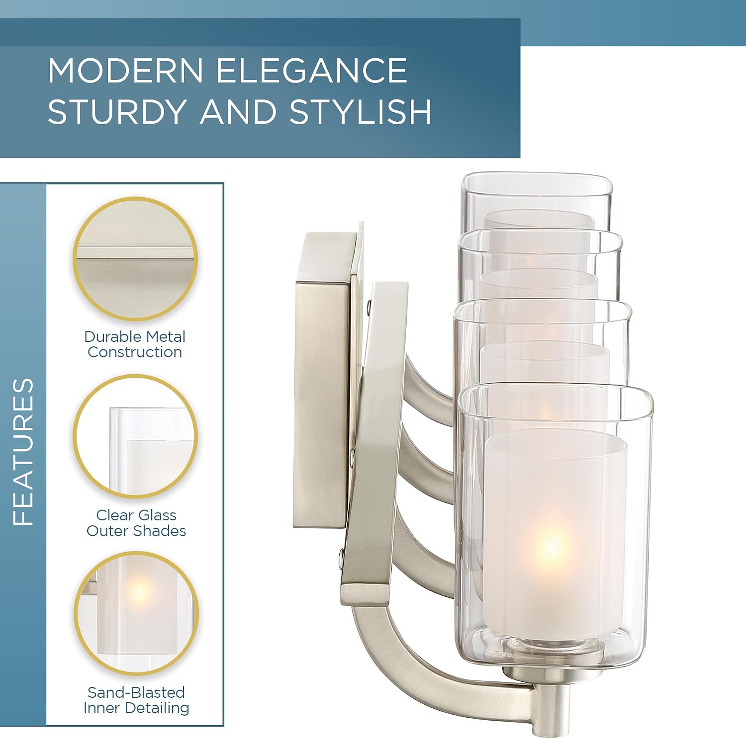Quoizel Kolt Modern Vanity Lights, 4-Light, 29 Inch Brushed Nickel Bathroom Lighting Fixtures Over Mirror, Sandblasted Inner Glass, 50 W LED Bulb, Wall Mount Light for Bathrooms, Kitchen or Hallway