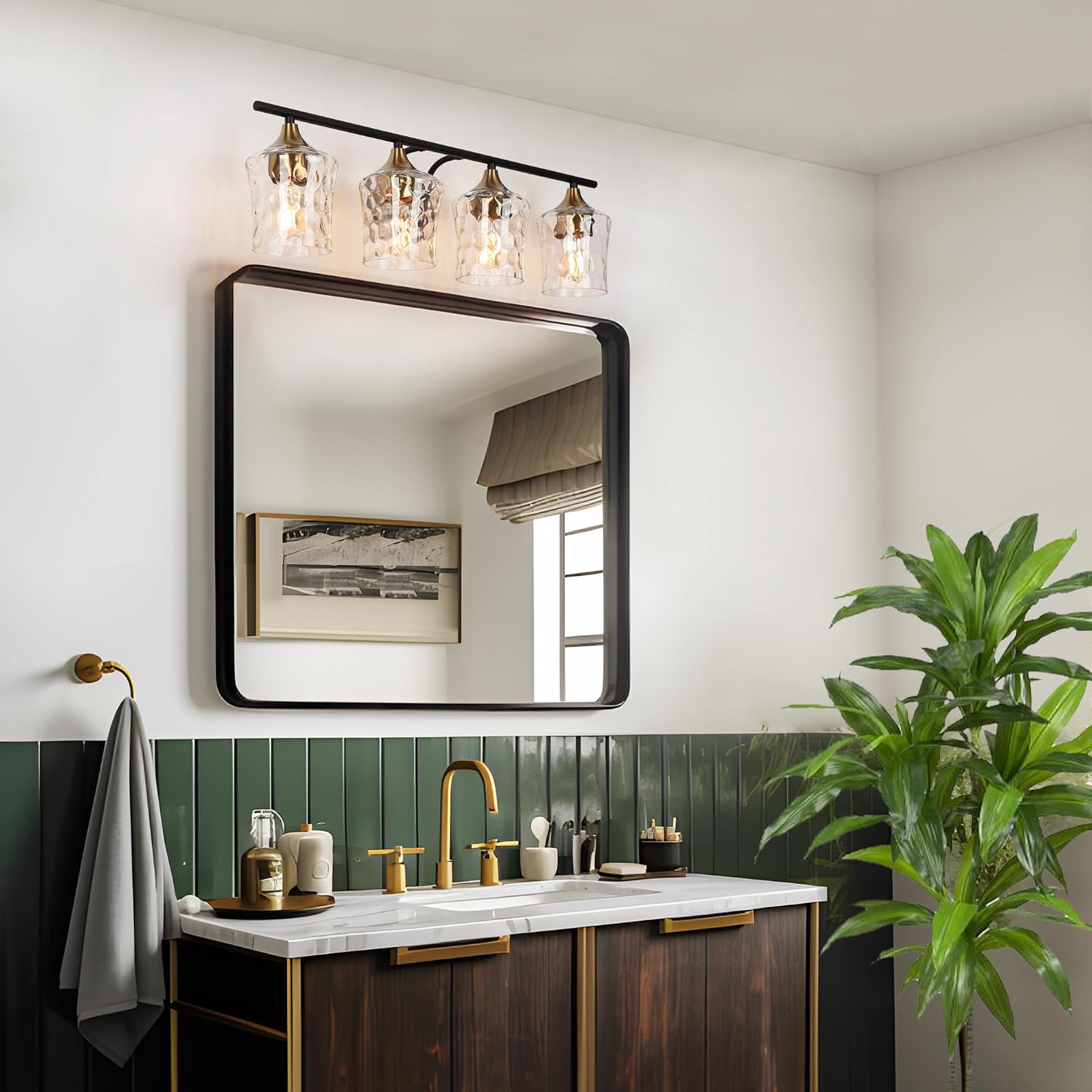 KSANA 28' Large Bathroom Vanity Lights, 4 Light Mid-Century Modern Vanity Light with Textured Glass Shade Black and Electroplated Brass Bathroom Light Fixtures for Hallway, Entryway