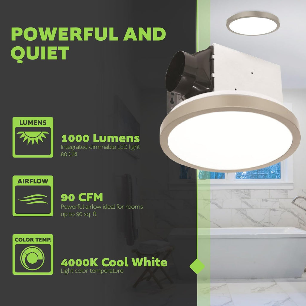 Homewerks 7105-09-BN Bathroom Fan with Light 90-CFM 1.5 Sones Round Ventilation Fan with Dimmable LED Light and Magnetic Trim Ring Brushed Nickel