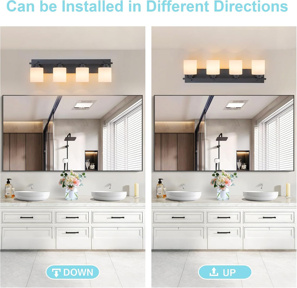 Modern Bathroom Light Fixtures Over Mirror, Vanity Lights for Bathroom Wall Sconces with Milky White Glass Shades, E26 Socket (Bulbs Not Included), 4 Light, Black
