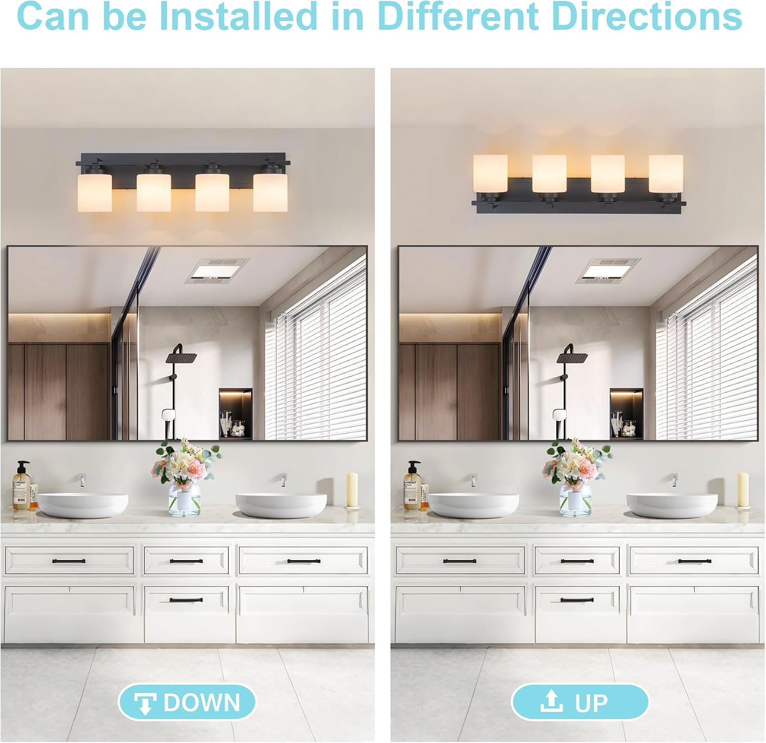Modern Bathroom Light Fixtures Over Mirror, Vanity Lights for Bathroom Wall Sconces with Milky White Glass Shades, E26 Socket (Bulbs Not Included), 4 Light, Black