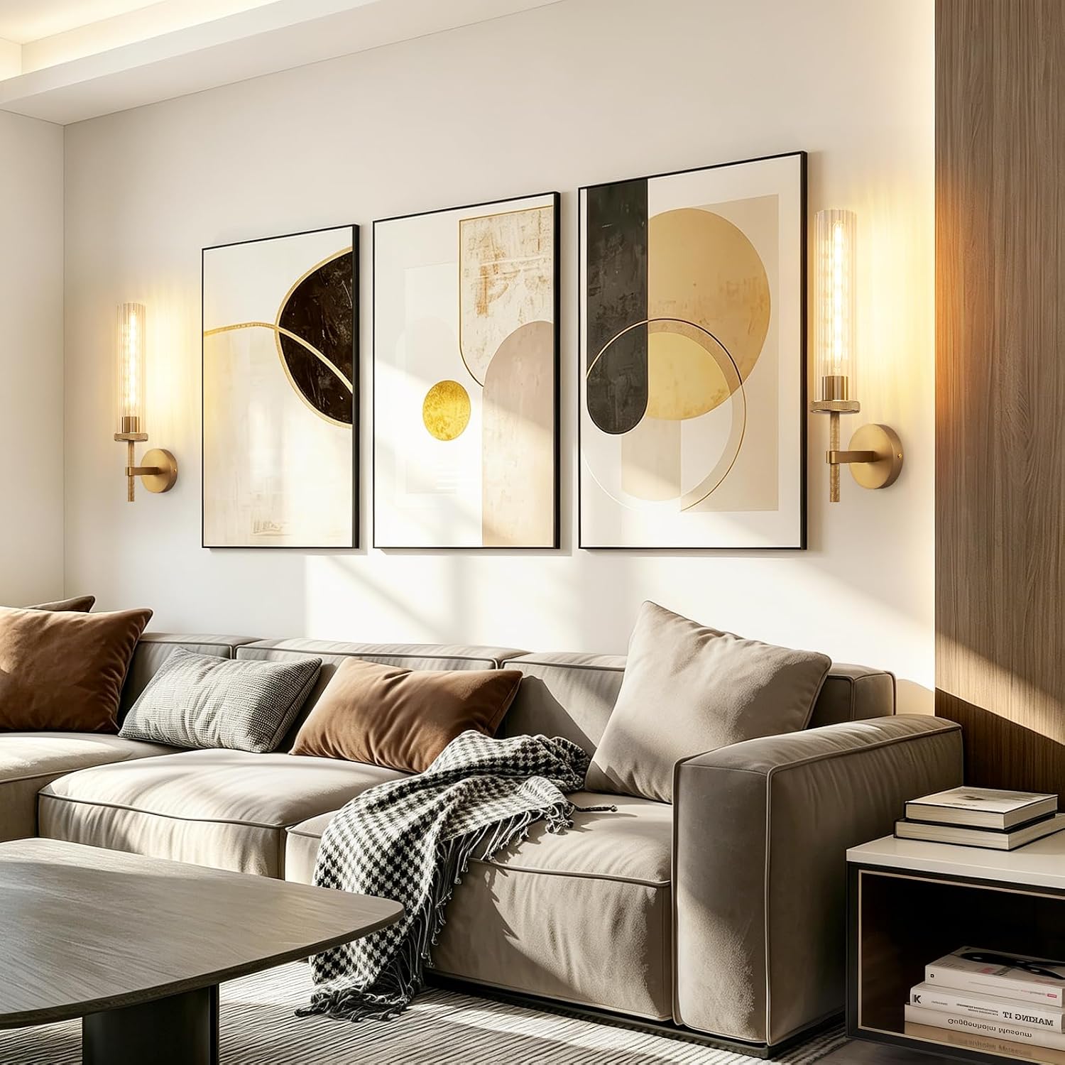 19.5' Knurled Gold Hardwired Wall Sconces Set of 2, Bathroom Vanity Light Fixtures with Vertical Striped Glass Tube, Modern Lamp Lighting for Bedroom, Living Room, Hallway, Staircase, Mirror, Kitchen
