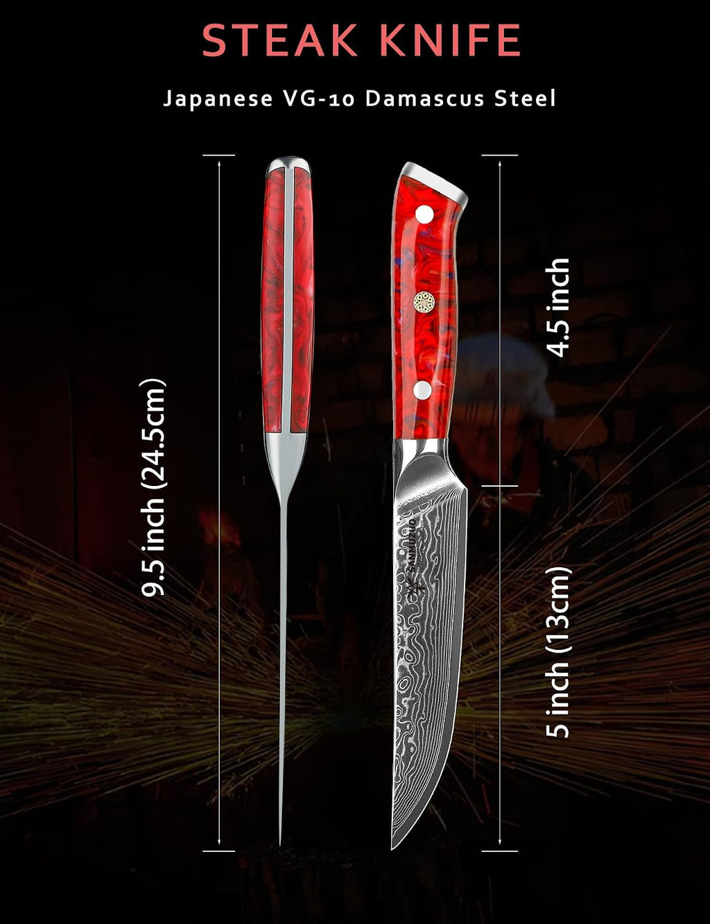Steak Knives Set of 4, Ultra Sharp Non Serrated Kitchen Steak Knife 5 Inch - Damascus Steel & Resin Handle - Xuan Series (Sunset Red)