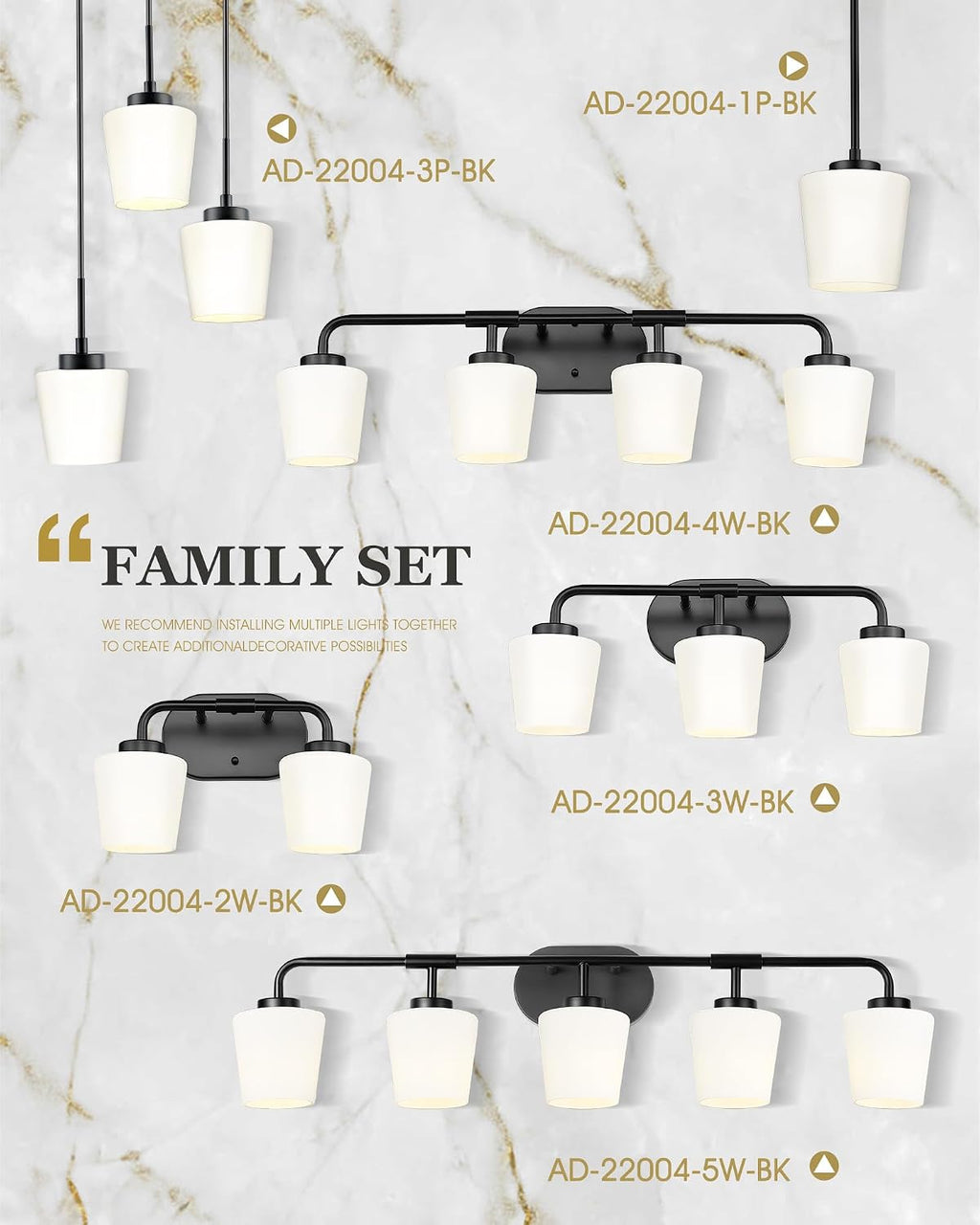 5-Light Matte Black Bathroom Light Fixtures, 38inch Vanity Light | Over Mirror, Milk White Glass, Farmhouse Wall Sconces Lighting, AD-22004-5W-BK
