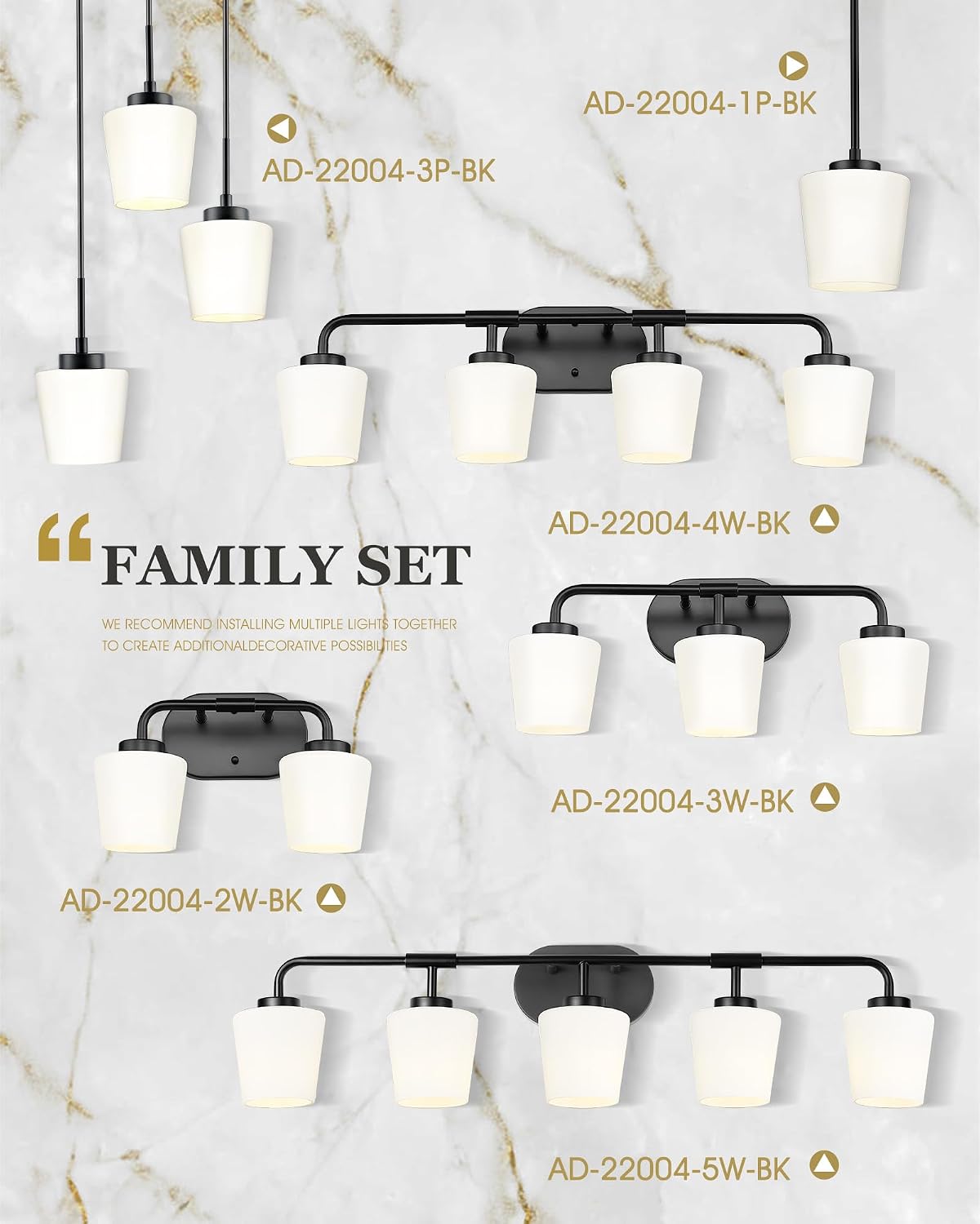 5-Light Matte Black Bathroom Light Fixtures, 38inch Vanity Light | Over Mirror, Milk White Glass, Farmhouse Wall Sconces Lighting, AD-22004-5W-BK