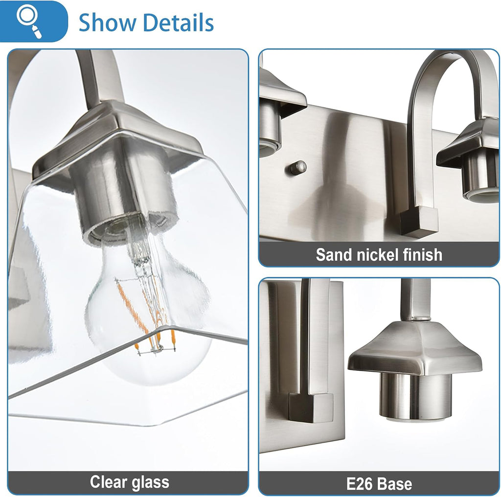Bathroom Light Fixtures,3 Light Modern Brushed Nickel Vanity Lights Over Mirror Industrial Wall Sconce Lighting with Clear Glass Shades for Bathroom, Vanity Table, Living Room Hallway