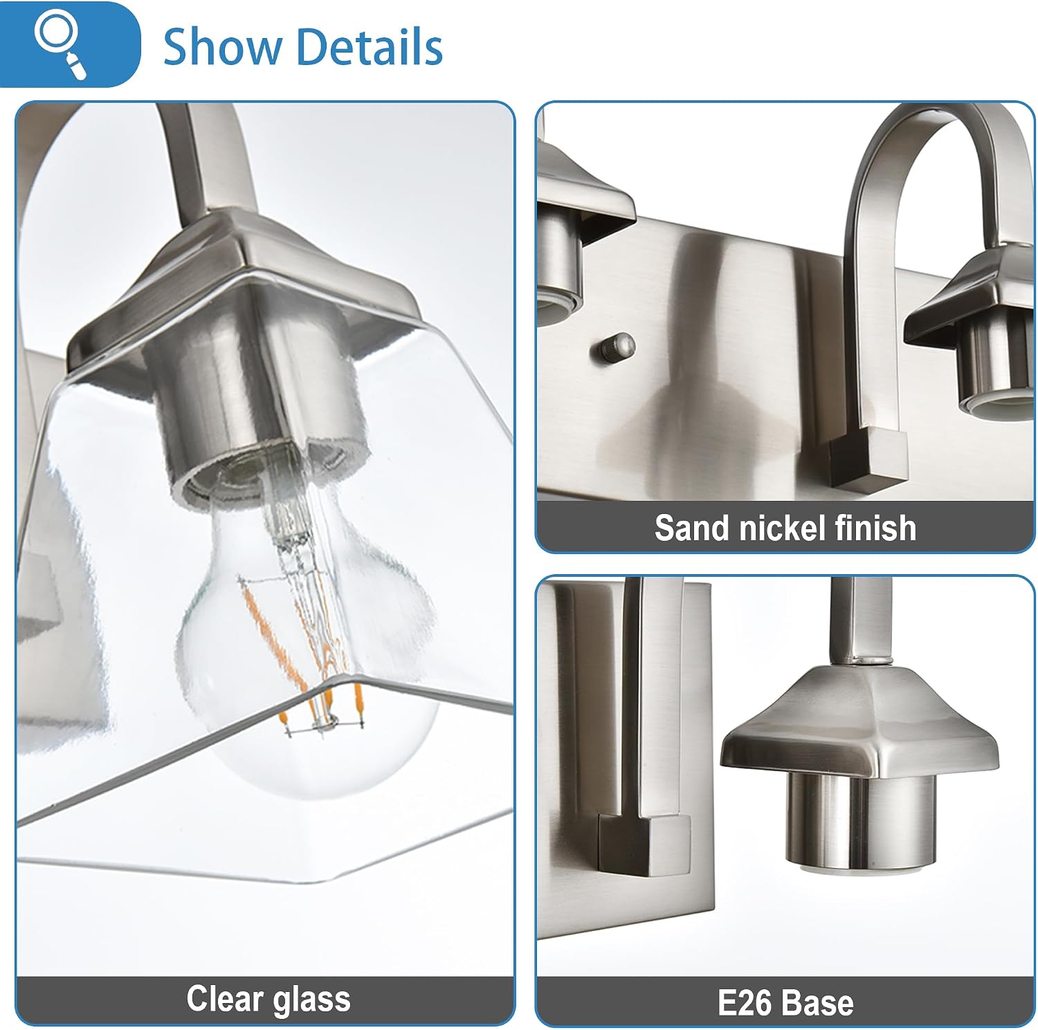 Bathroom Light Fixtures,3 Light Modern Brushed Nickel Vanity Lights Over Mirror Industrial Wall Sconce Lighting with Clear Glass Shades for Bathroom, Vanity Table, Living Room Hallway