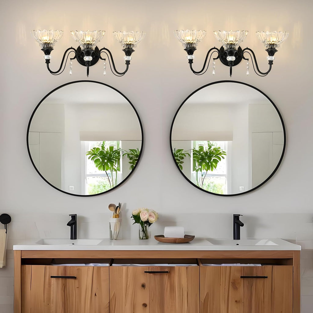 Black Bathroom Vanity Light, 3-Light Matte Black Finish Farmhouse Wall Sconce with Hanging Crystal Accents and Flower-Shaped Clear Glass Shades, Retro Wall Mount Vanity Light Over Mirror for Bathroom