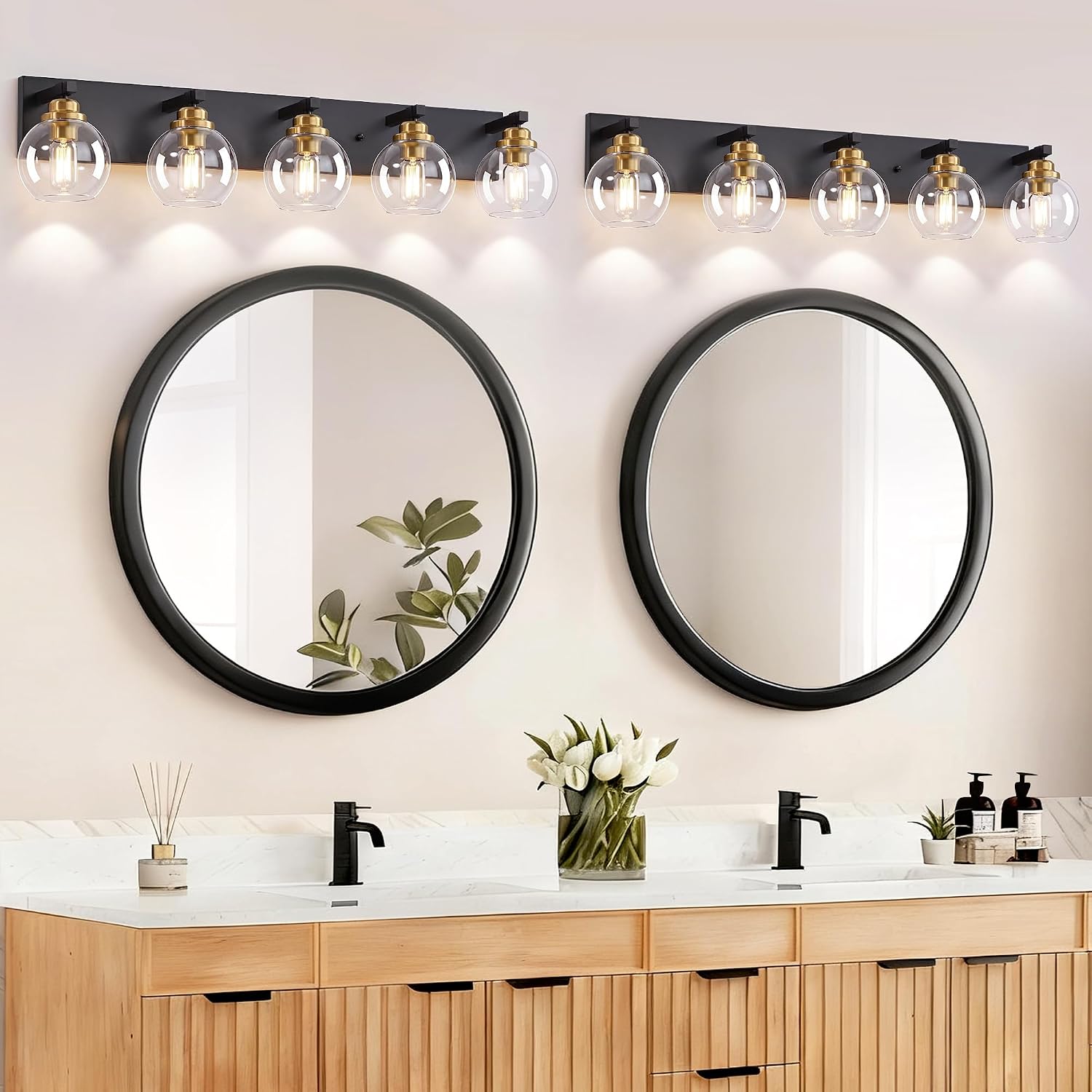 LmnLvn 5-Light Black Gold Vanity Light, Clear Glass | Bathroom light over mirror. Dimmable E26 bulbs (max 60W). Reversible up/down mount. Bedroom/hallway. 2-year warranty.
