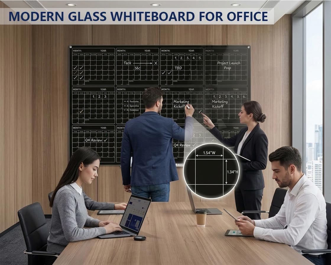 Magnetic Whiteboard Calendar Black Glass Board Yearly Calendar - 35' X 47' Large Wall Calendar - White Board Dry Erase Planner for Wall Home, School, Office