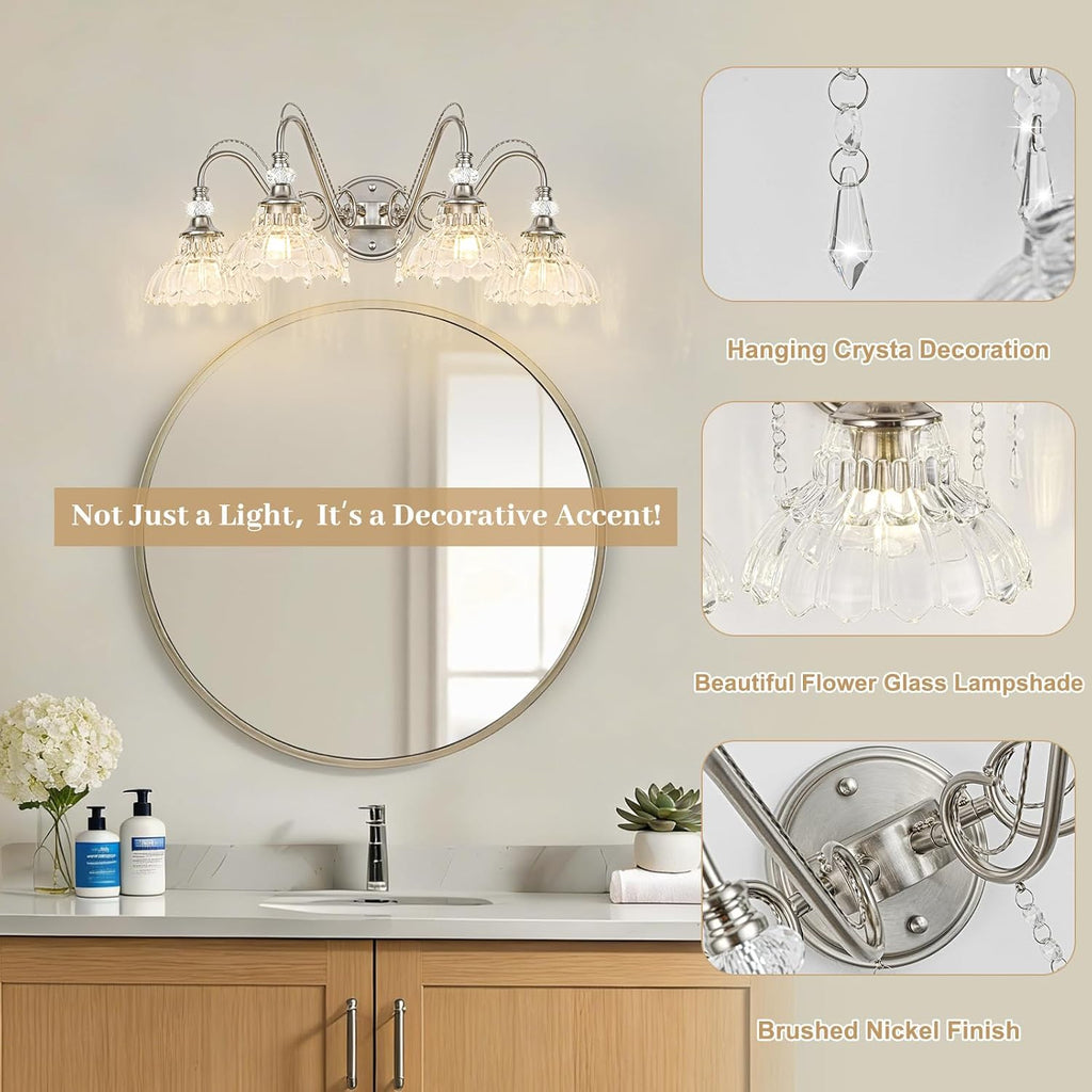 Brushed Nickel Bathroom Vanity Light, 4-Light Nickel Finish Wall Sconce with Hanging Crystal Accents and Flower-Shaped Clear Glass Shades, Modern Wall Mount Vanity Light Over Mirror for Bathroom