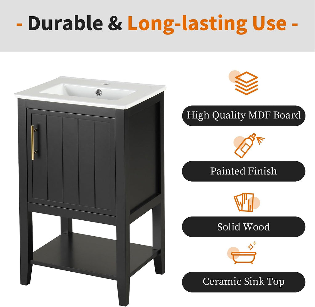 Bellemave 20' Small Bathroom Vanity with Sink, Modern Bathroom Storage Cabinet with Door and Storage Rack, Free Standing Single Basin Vanity with Open Shelf, Undermount Ceramic Sink, Black