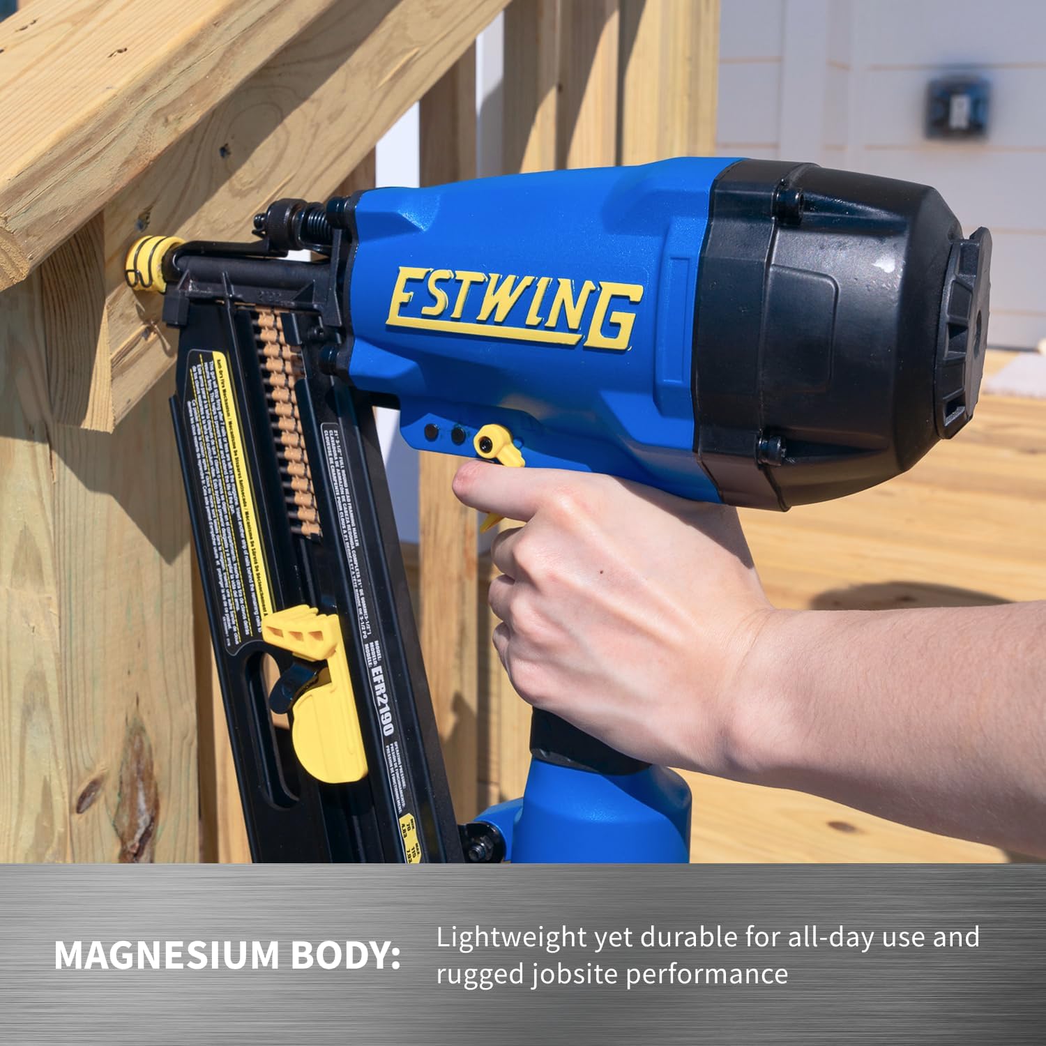 Estwing Pneumatic 21 Degree Framing Nailer, 2'–3-1/2' Framing Nails, Lightweight Magnesium Nail Gun with Depth Adjustment, Dual Trigger & Swivel Fitting, Includes Belt Hook & Carry Bag, EFR2190
