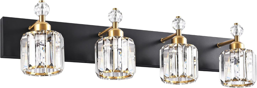 PRESDE 4-Light Crystal Bathroom Vanity Light, Modern Black and Gold Bathroom Lights Fixtures Over Mirror Modern Bath Wall Sconce