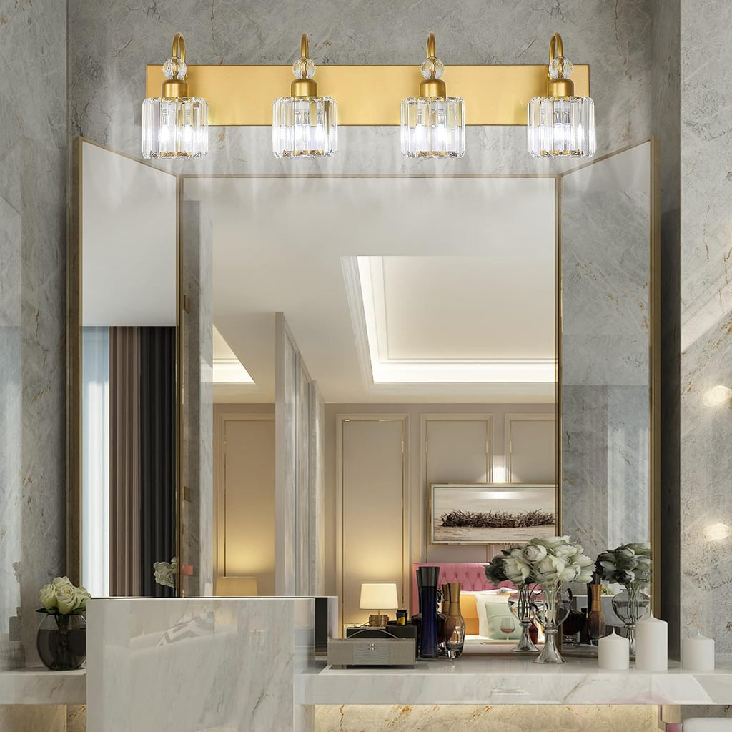 Ralbay Gold Vanity Lights 4-Lights Gold Crystal Bathroom Vanity Lights Over Mirror Modern Crystal Bathroom Wall Lighting Fixtures