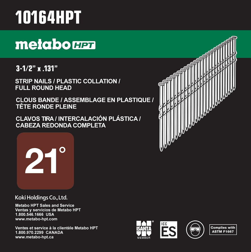 Metabo HPT Framing Nails | 3-1/2 In. x .131 | 21 Degree | Full Round Head | Hot Dipped Galvanized | Smooth Shank | Plastic Strip | 4,000 Count | 10164HPT