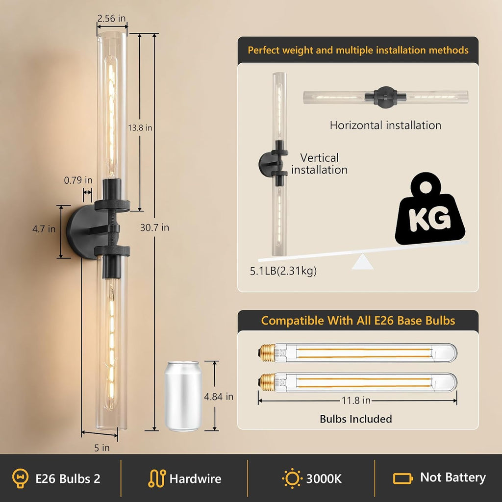 Bathroom Sconces Set of Two, 30 inch Black Wall Sconce with Tube Glass, Modern Vanity Sconces Lights for Bathroom,Bedroom,Living Room,Hallway, Staircase(E26 Bulb Include)