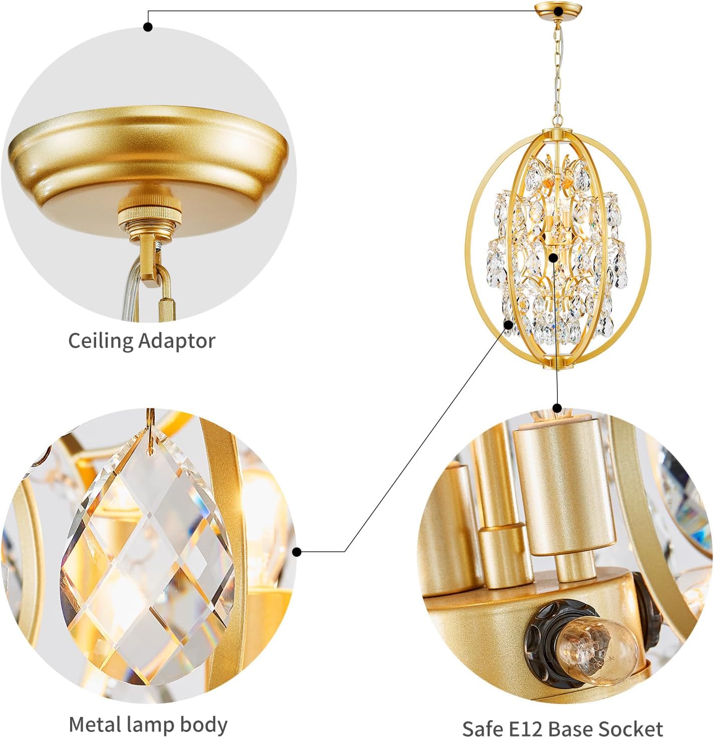 WUZUPS Globe Crystal Chandelier Raindrop Pendant Flushmount Ceiling Light Modern Lighting Fixture for Bedroom Hallway Bar Kitchen Bathroom, H 23.6' x W 19.7', Gold, 8 E12 Base