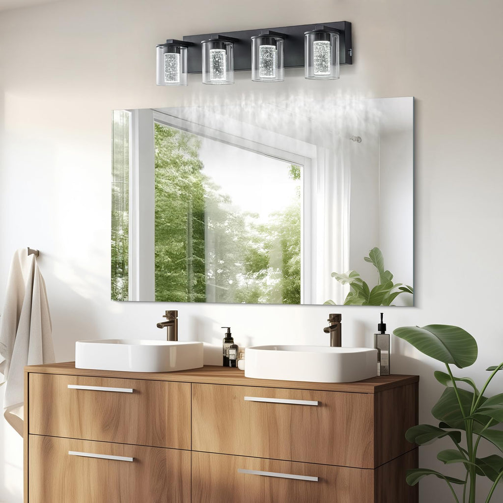 SineRise Black Vanity Light (4-Light, 24-Inch), (3000K/4000K/6000K, Dimmable), Eye Protection LED Bathroom Light Fixture, Modern Wall Light Over Mirror with Clear Glass Shade