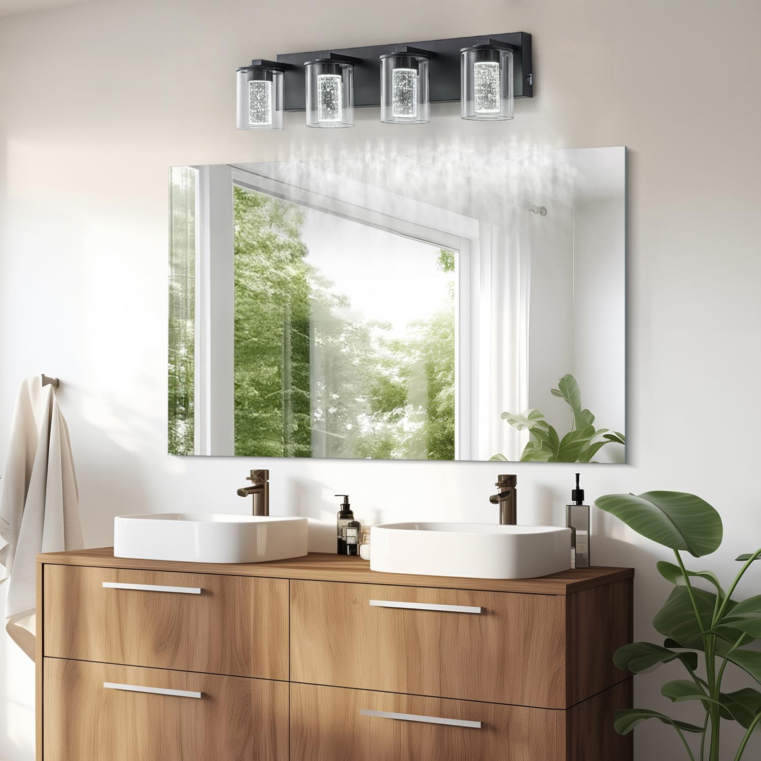 SineRise Black Vanity Light (4-Light, 24-Inch), (3000K/4000K/6000K, Dimmable), Eye Protection LED Bathroom Light Fixture, Modern Wall Light Over Mirror with Clear Glass Shade