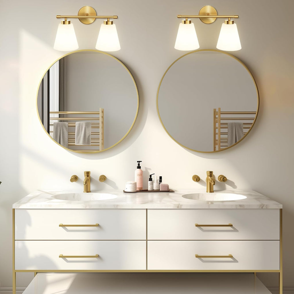 Hamilyeah Gold Bathroom Vanity Light Fixture with Frosted Glass Shade, 2 Light Vanity Lighting Fixture Over Mirror, 2 Bulb Wall Lamps for Bathroom, Restroom, Living Room