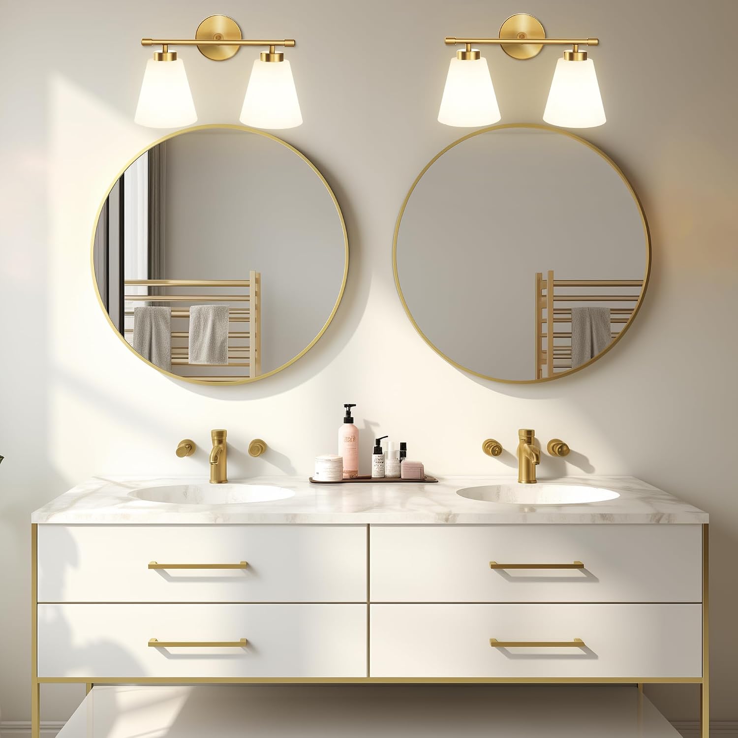 Hamilyeah Gold Bathroom Vanity Light Fixture with Frosted Glass Shade, 2 Light Vanity Lighting Fixture Over Mirror, 2 Bulb Wall Lamps for Bathroom, Restroom, Living Room