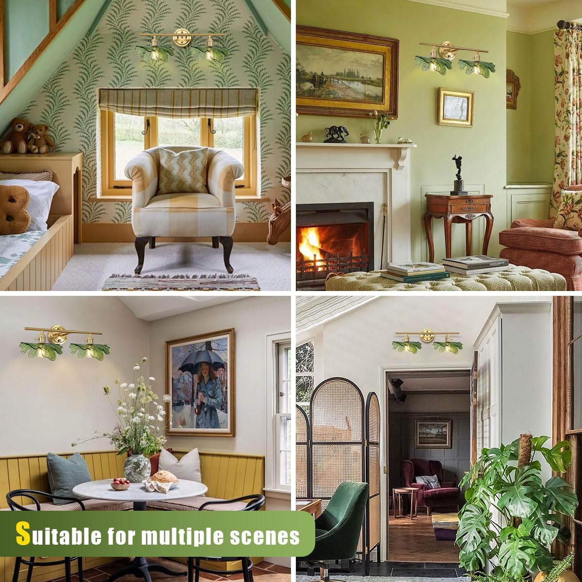 Green Bathroom Lighting Fixtures Over Mirror, Vintage Wall Sconces with Glass Shade Flower Vanity Lights Mid Century Wall Sconce Light Gold Wall Lighting for Bedroom Living Room Hallway
