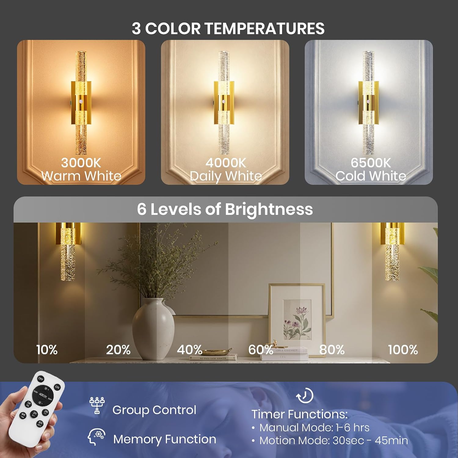 IRONPAX Wall Sconces Battery Operated Set of 2, Wireless Rechargeable Wall Sconce Set of Two, Dimmable Wall Lights with Remote for Bedroom Living Room Hallway Decor (Brushed Gold, Bubble Crystal)