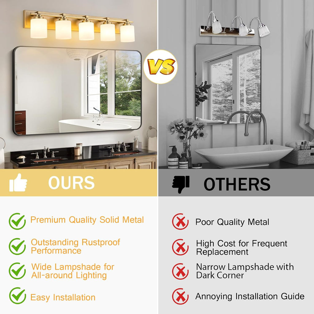 Modern Bathroom Light Fixtures Over Mirror, Vanity Lights for Bathroom Wall Sconces with Milky White Glass Shades, E26 Socket (Bulbs Not Included), 5 Light, Brass