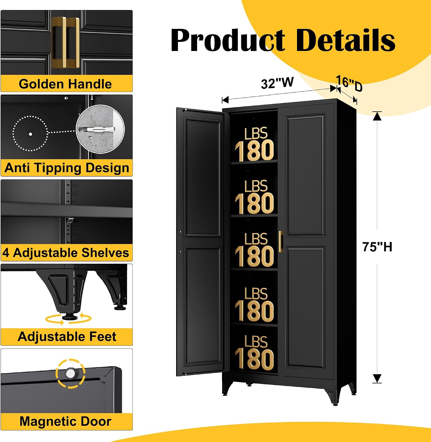 SteeLoong Kitchen Pantry Cabinet,75'Black Metal Storage Cabinets with Doors and 4 Adjustable Shelves,Kitchen Cabinet with 2 Gold Handles,Tall Cabinet for Livingroom, Bathroom