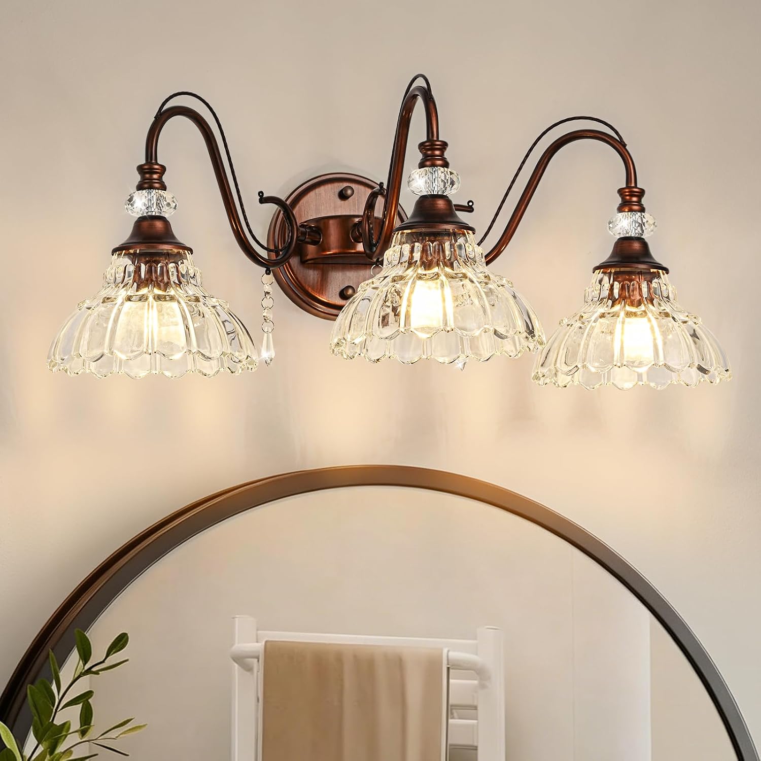 Vintage Bathroom Vanity Light, 3-Light Matte Antique Red Bronze Finish Wall Sconce with Hanging Crystal Accent and Flower-Shaped Clear Glass Shades, Retro Wall Mount Vanity Light Over Mirror