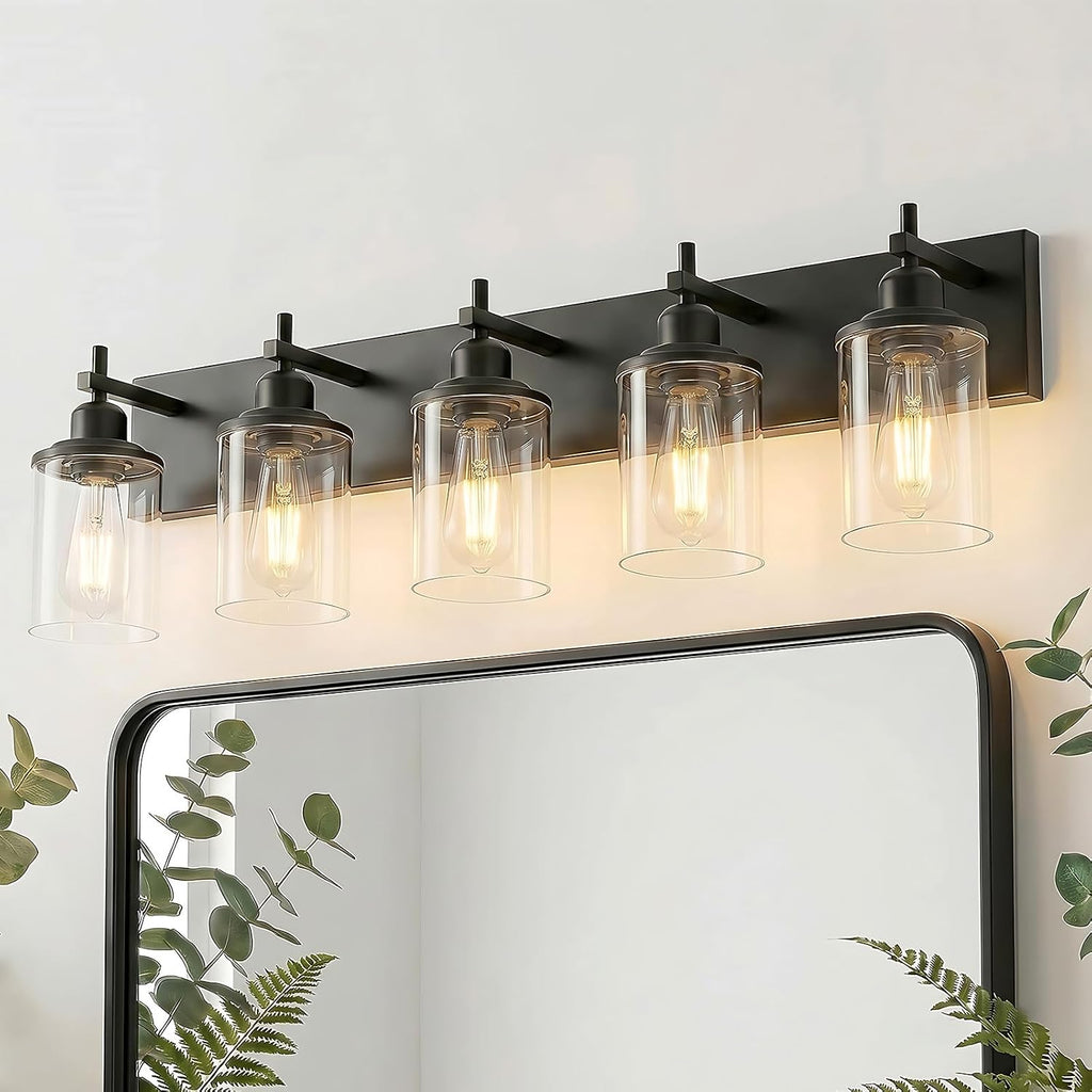 Lanhall 5-Light Black Bathroom Light Fixture Over Mirror Modern Farmhouse Bathroom Vanity Light Vintage Wall Lighting with Clear Glass Shade for Bathroom, Bedroom, Hallway, Cabinet