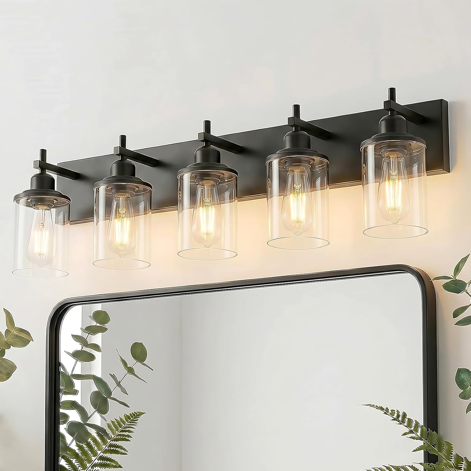 Lanhall 5-Light Black Bathroom Light Fixture Over Mirror Modern Farmhouse Bathroom Vanity Light Vintage Wall Lighting with Clear Glass Shade for Bathroom, Bedroom, Hallway, Cabinet