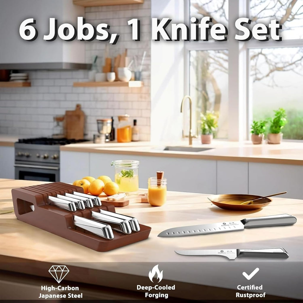 imarku Drawer Knife Set, 10 PCS Japanese Stainless Steel Knife Block Set, Kitchen Knife Sets with Wooden Drawer Organizer, Dishwasher Safe, Ultra Sharp Chef Knife, Gifts for Men