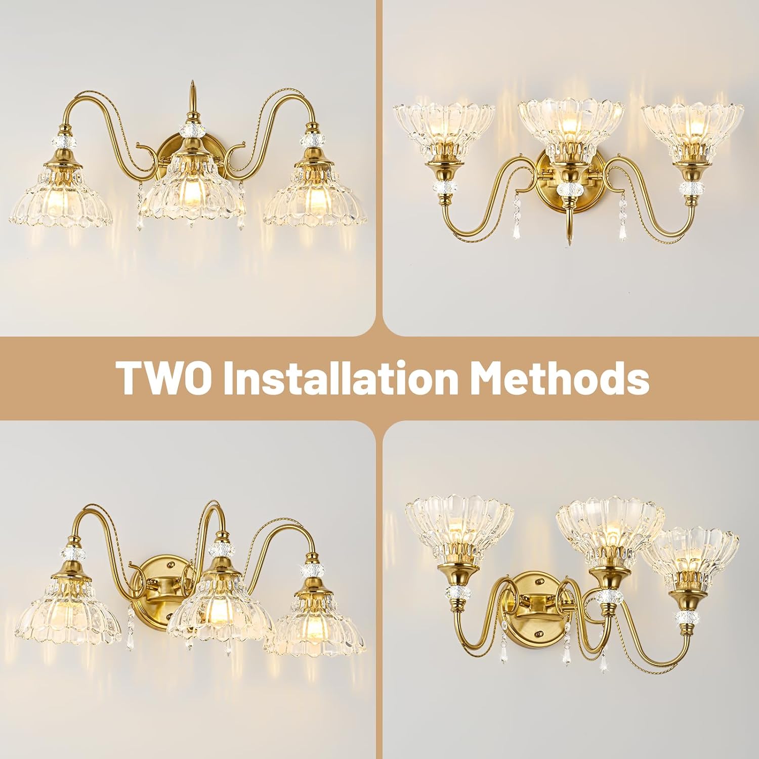 Vintage Bathroom Vanity Light, 3-Light Brushed Gold Finish Wall Sconce with Hanging Crystal Accents and Flower-Shaped Clear Glass Shades, Retro Wall Mount Vanity Light Over Mirror for Bathroom