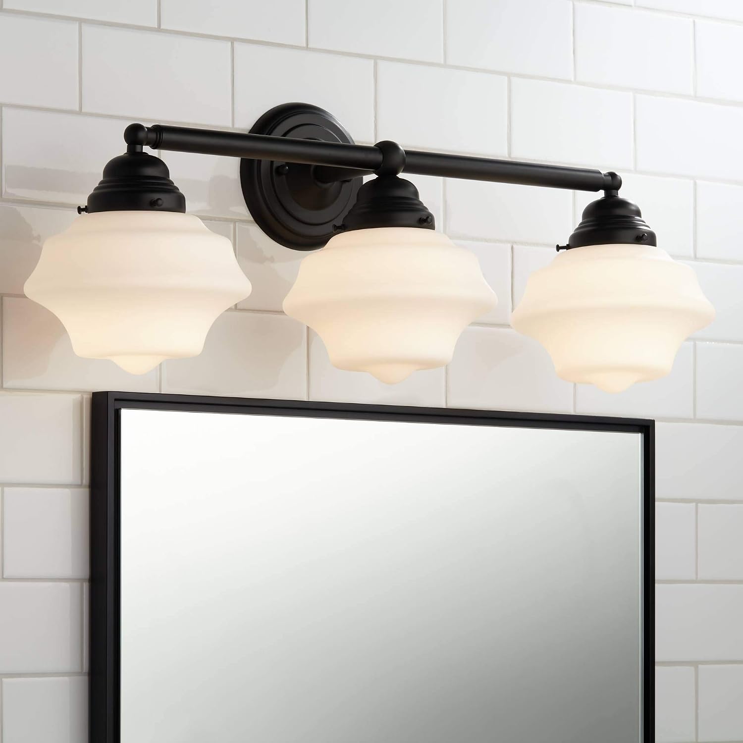 Possini Euro Design Astrid Modern Wall Light Black Metal Hardwired 27 1/4' 3-Light Fixture Opal White Glass Shade for Bedroom Bedside Bathroom Vanity Living Room Hallway Dining House Home Kitchen