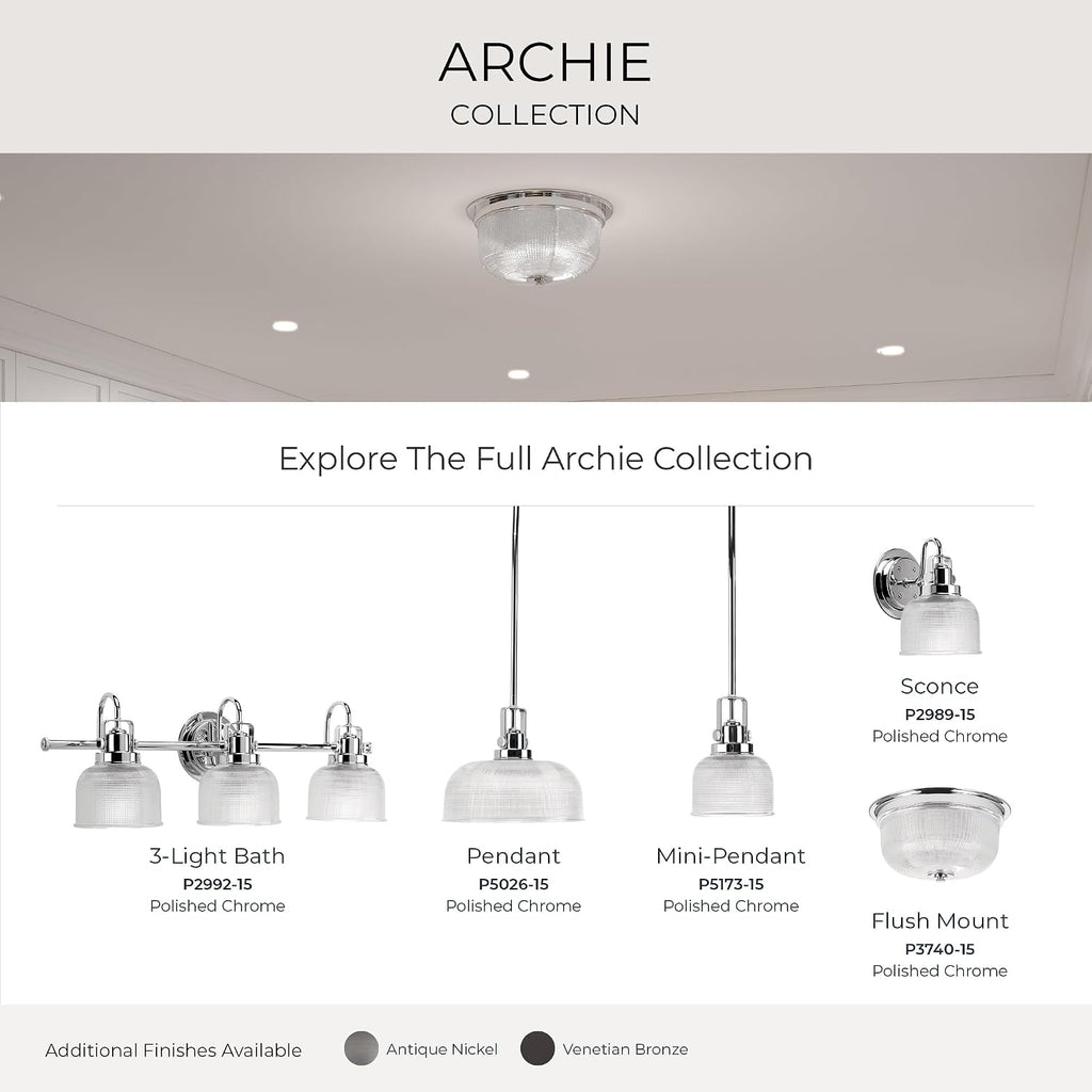 Progress Lighting Archie Collection 3-Light Clear Double Prismatic Glass Coastal Bath Vanity Light Polished Chrome