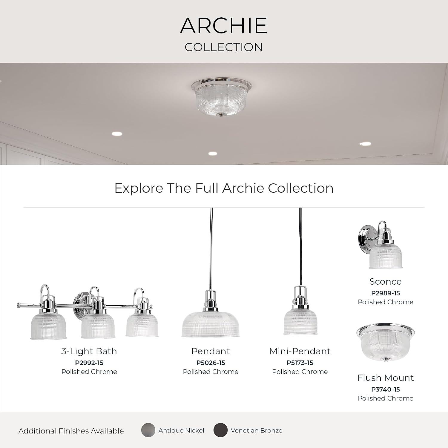Progress Lighting Archie Collection 3-Light Clear Double Prismatic Glass Coastal Bath Vanity Light Polished Chrome