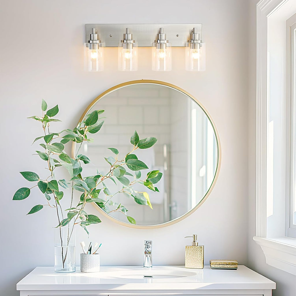 LOUSACE 4 Light Bathroom Vanity Light Brushed Nickel, Bathroom Lighting Fixtures with Clear Glass Shades Over Vanity Mirror, Modern Wall Sconces Fixtures for Bedroom Living Room, E26 Socket