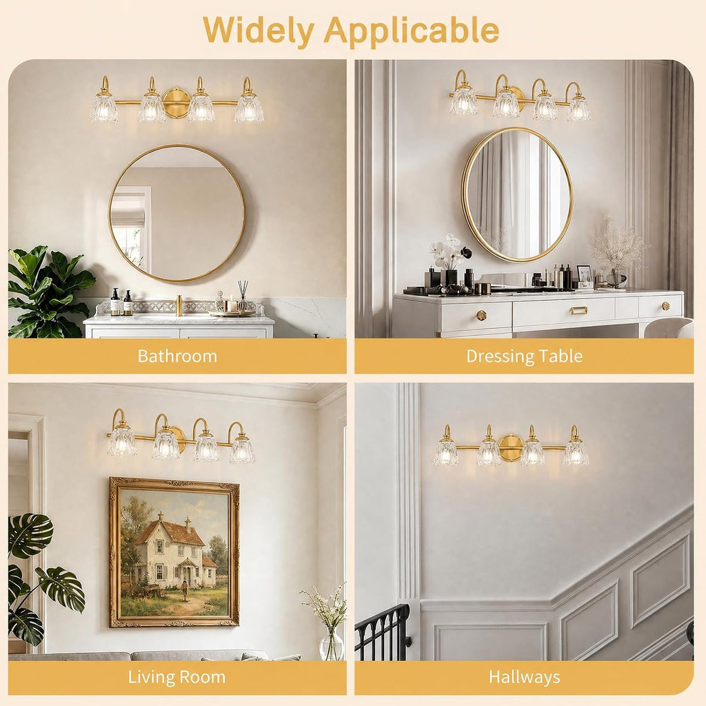 Bathroom Light Fixtures, 4 Light Brushed Gold Vanity Lights for Bathroom with Clear Tulip Crystal Glass Shade, 27 in Vintage Bathroom Vanity Lights Over Mirror for Bedroom, Living Room, Hallway