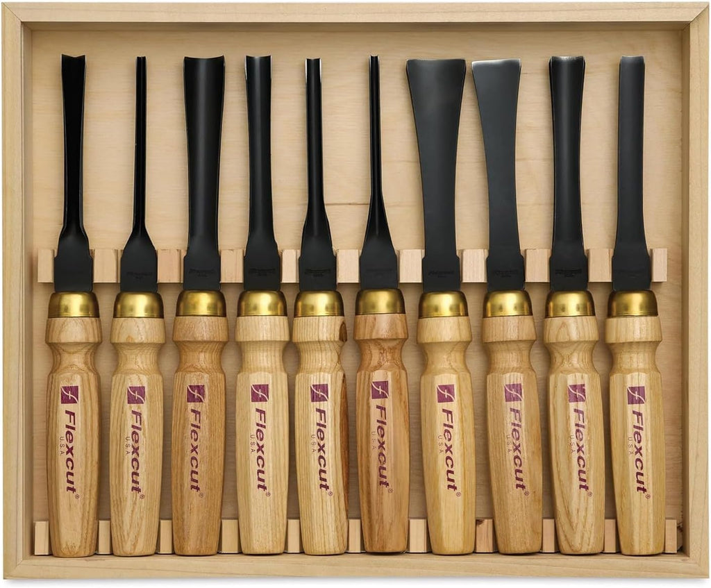 Flexcut Wood Carving Tools | Mallet Deluxe Set | 10-Piece Wood Carving Tools Set | 1095 High Carbon Steel Blades | Ash Hardwood Handles | MC100 | Made in the U.S.A.