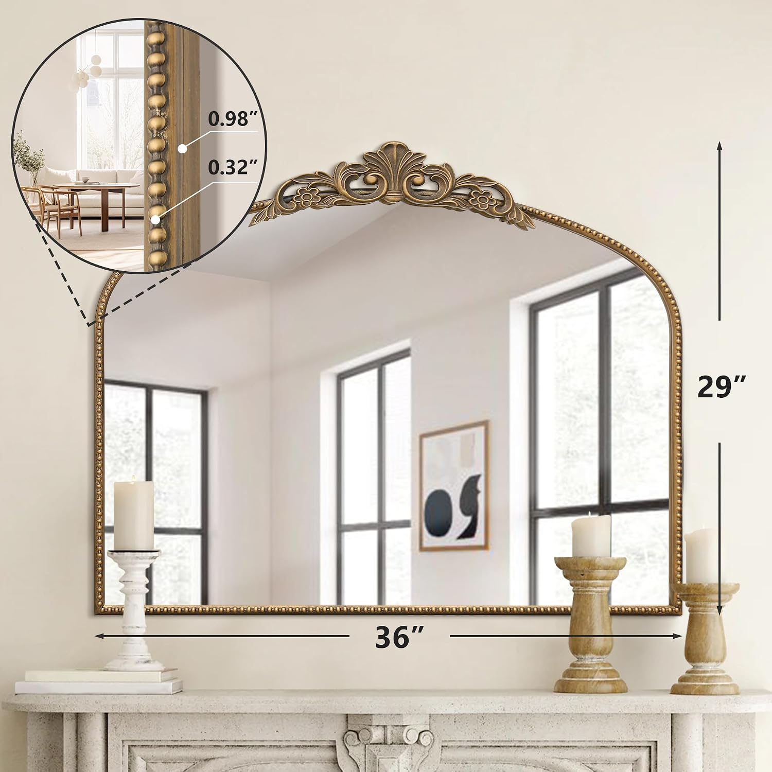 Micasso Vintage Gold Arched Mirror: 36'x29' French Baroque Antique Wall Mounted Mirror - Traditional Ornate Decorative for Wall/Fireplace/Entryway/Bathroom/Hallway - Home Decor for Living Room