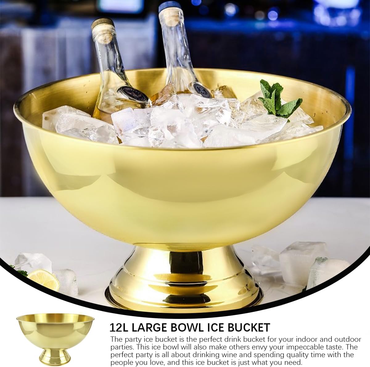 3 Gallon 12L Stainless Steel Beverage Tub Insulated Ice Bucket Metal Champagne Bowl with Base Large Size Ice Bowl for Wine Beer Home Bar Parties（Gold）