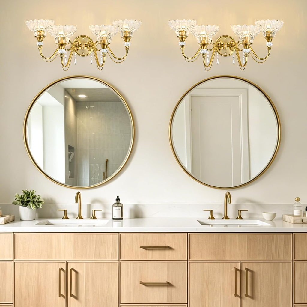 Vintage Bathroom Vanity Light, 4-Light Brushed Gold Finish Wall Sconce with Hanging Crystal Accents and Flower-Shaped Clear Glass Shades, Retro Wall Mount Vanity Light Over Mirror for Bathroom