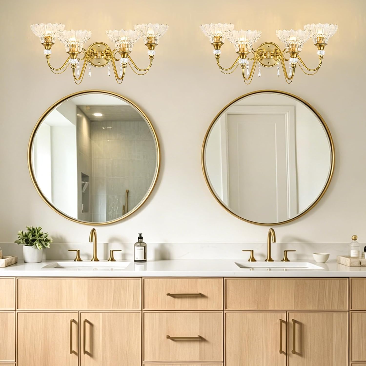 Vintage Bathroom Vanity Light, 4-Light Brushed Gold Finish Wall Sconce with Hanging Crystal Accents and Flower-Shaped Clear Glass Shades, Retro Wall Mount Vanity Light Over Mirror for Bathroom