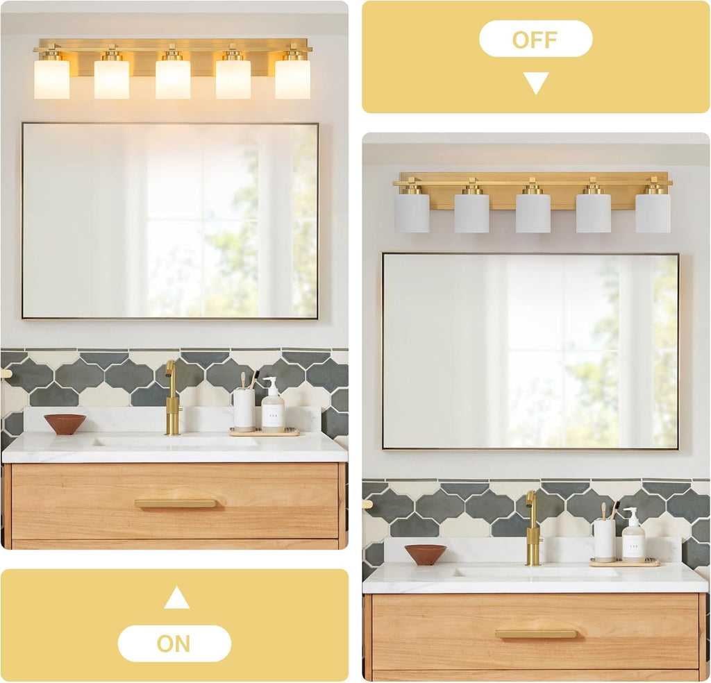 Modern Bathroom Light Fixtures Over Mirror, Vanity Lights for Bathroom Wall Sconces with Milky White Glass Shades, E26 Socket (Bulbs Not Included), 5 Light, Brass
