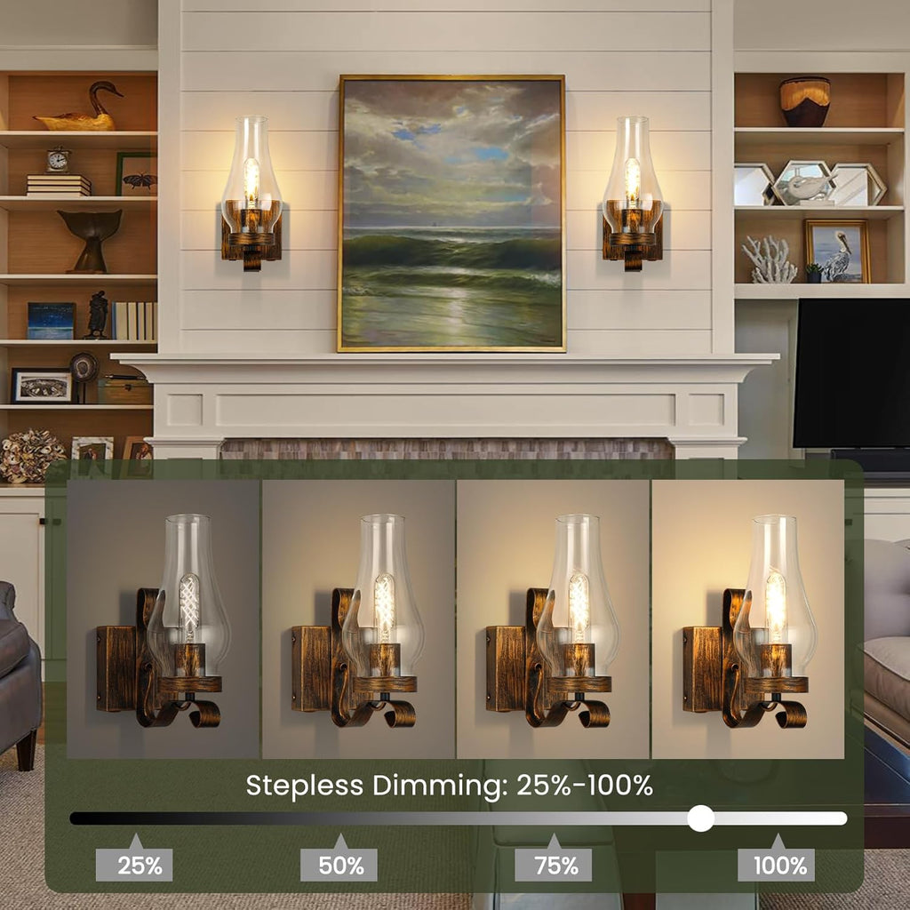 Battery Operated Wall Sconces, Rustic Wall Lights Sets of 2, Non-Hardwired Antique Kerosene Wall Lamps, Vintage Bedside Gold Wall Sconces with Remote for Living Room, Bedroom, Hallway etc
