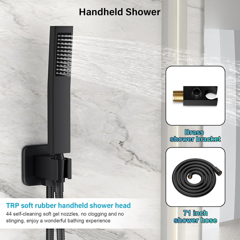 FPXRNG Shower Faucet Set Rainfall Shower System with Square Shower Head and Handle Set Rough-in Valve and Metal Trim Kit Included Matte Black 16 Inch Wall Mounted Shower Fixtures